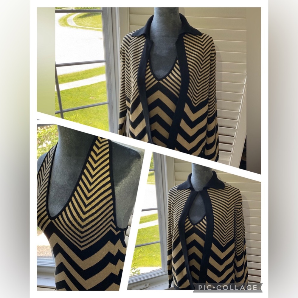 Doncaster Collection Chevron Black & Gold Knit Halter & Cardigan 75% silk